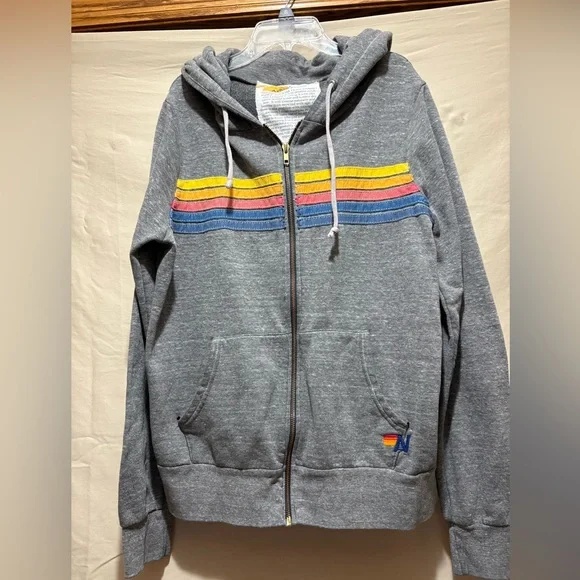 Aviator Nation Gray Zip Hoodie with Retro Sunset Stripes Size L - Picture 3 of 8